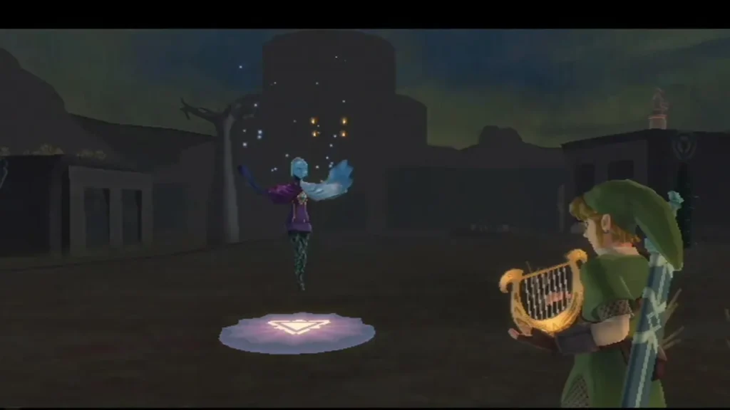 At night in the desert, Link plays his harp on a glowing circle while a blue spirit appears. At night in the desert, Link plays his harp on a glowing circle while a blue spirit appears.