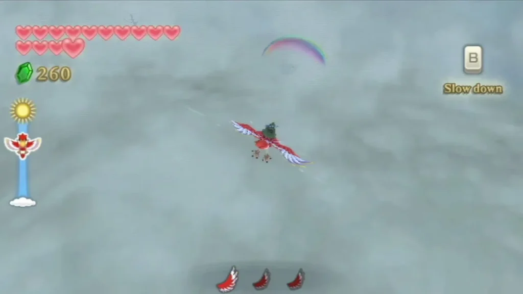 The red Loftwing dives into the grey Thunderhead cloud with Link on its back, a rainbow above. The red Loftwing dives into the grey Thunderhead cloud with Link on its back, a rainbow above.