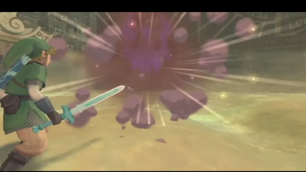 Link's sword hits the arena floor in a purple burst that sends rubble flying. Link's sword hits the arena floor in a purple burst that sends rubble flying.