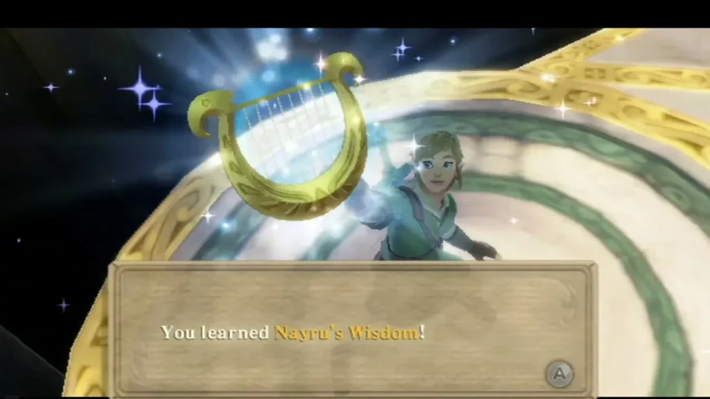 Link plays the golden harp, and the box reads You learned Nayru's Wisdom! Link plays the golden harp, and the box reads You learned Nayru's Wisdom!