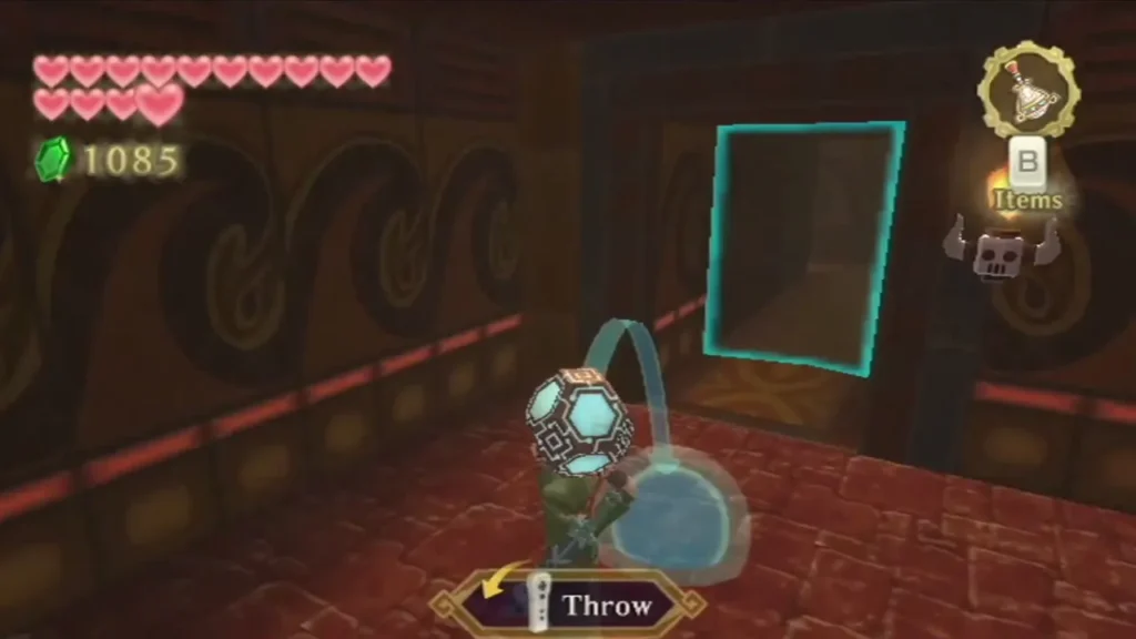 Link carries the Timeshift Orb toward a cyan barrier and prepares to throw it. Link carries the Timeshift Orb toward a cyan barrier and prepares to throw it.