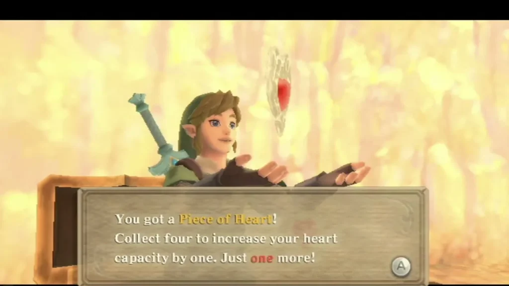 A box says four Pieces of Heart raise heart capacity by one, as Link holds a Piece of Heart beside an open chest. A box says four Pieces of Heart raise heart capacity by one, as Link holds a Piece of Heart beside an open chest.