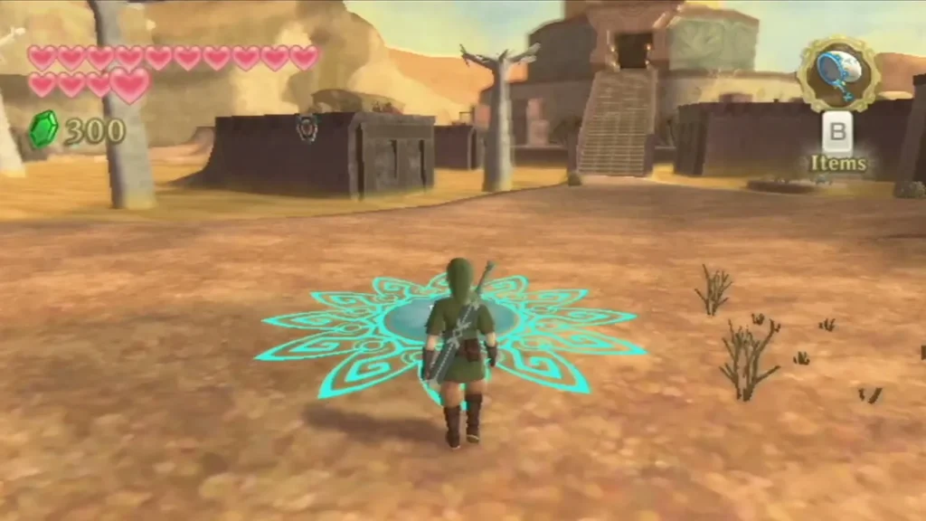 Link stands on a glowing teal glyph in the desert with the Goddess Longsword on his back. Link stands on a glowing teal glyph in the desert with the Goddess Longsword on his back.