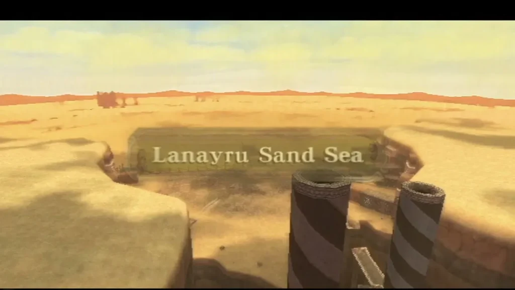 The Lanayru Sand Sea title appears over a wide stretch of golden sand and two striped pillars The Lanayru Sand Sea title appears over a wide stretch of golden sand and two striped pillars