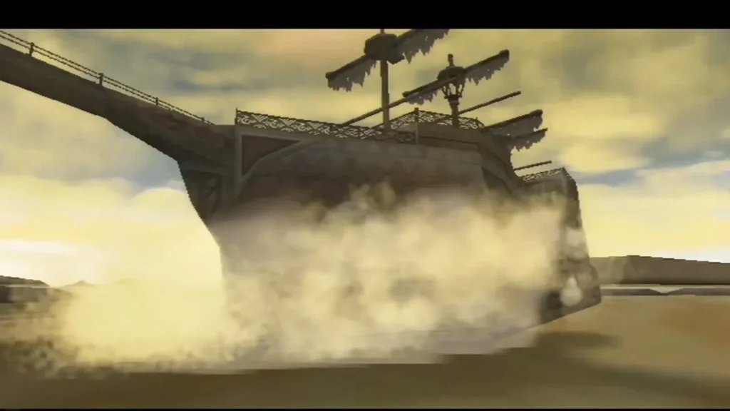 Dust rises around the Sandship as the hidden vessel comes into view above the sand. Dust rises around the Sandship as the hidden vessel comes into view above the sand.
