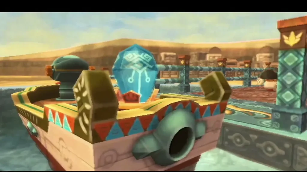 Skipper's sandship sits at the dock with a glowing Timeshift Stone on its bow. Skipper's sandship sits at the dock with a glowing Timeshift Stone on its bow.