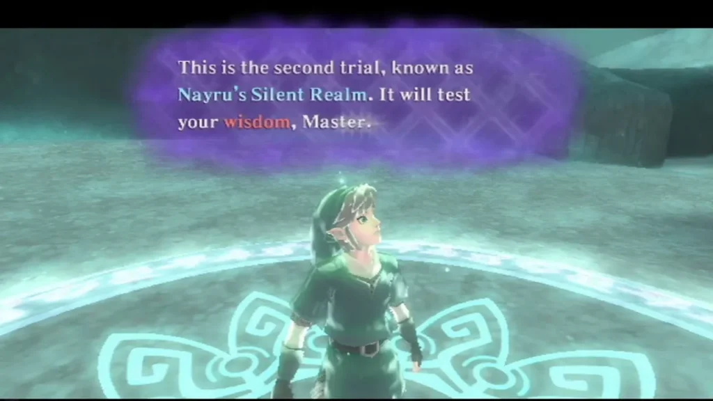 Link on the glowing glyph at the Silent Realm gate, with the trial's opening message in a purple box. Link on the glowing glyph at the Silent Realm gate, with the trial's opening message in a purple box.