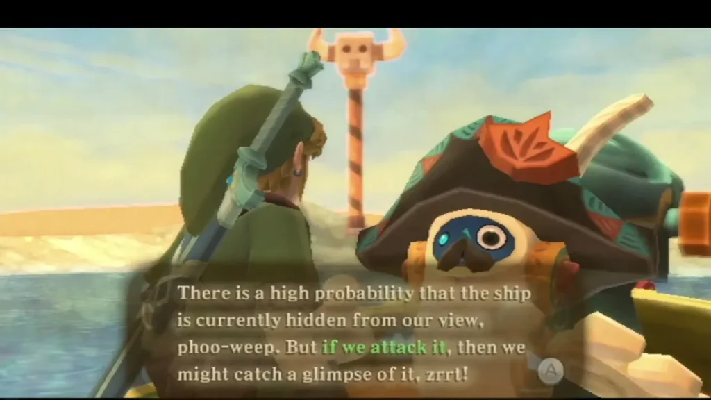 Skipper tells Link in the boat that the hidden ship can be glimpsed once they attack it. Skipper tells Link in the boat that the hidden ship can be glimpsed once they attack it.