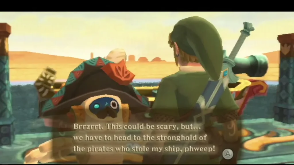 The robot pirate Skipper tells Link the pirates who stole his ship are at their stronghold. The robot pirate Skipper tells Link the pirates who stole his ship are at their stronghold.