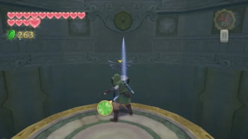 Link raises his sword skyward toward the crest on the chamber wall, a light beam rising from the blade. Link raises his sword skyward toward the crest on the chamber wall, a light beam rising from the blade.