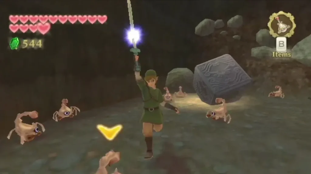 Link raises his sword in a Skyward Strike beside a carved stone cube, with crawling enemies around. Link raises his sword in a Skyward Strike beside a carved stone cube, with crawling enemies around.