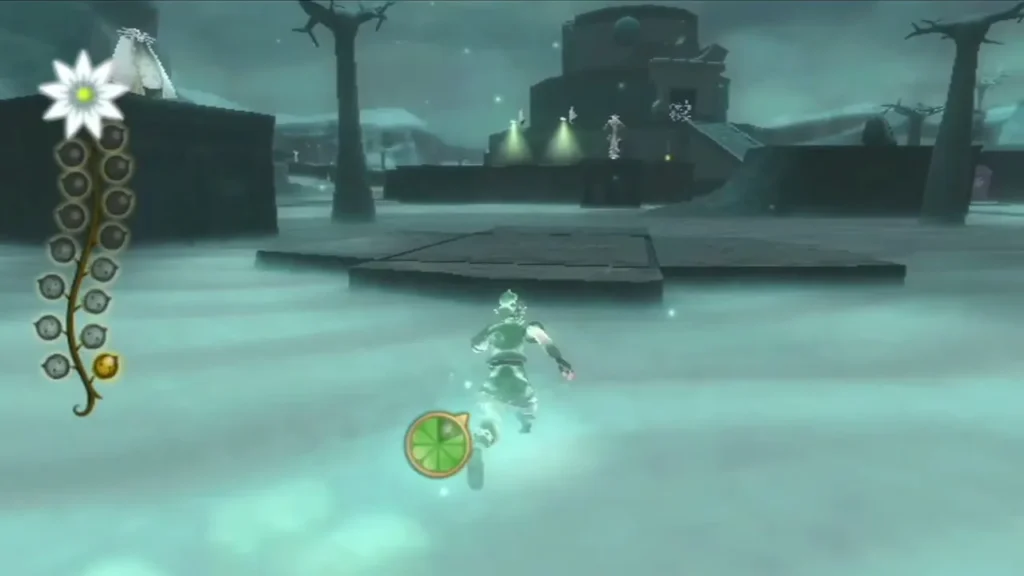 Link runs across the snowy Silent Realm, with the Spirit Vessel's seed slots shown on the left side. Link runs across the snowy Silent Realm, with the Spirit Vessel's seed slots shown on the left side.