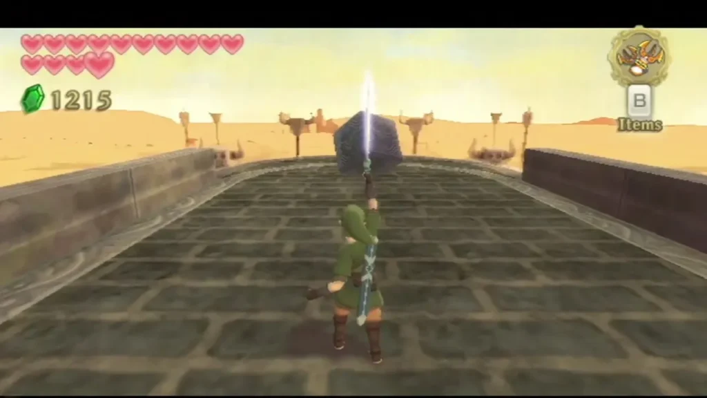 Link raises his sword toward a dark stone cube on a bridge, a light beam running up the blade. Link raises his sword toward a dark stone cube on a bridge, a light beam running up the blade.