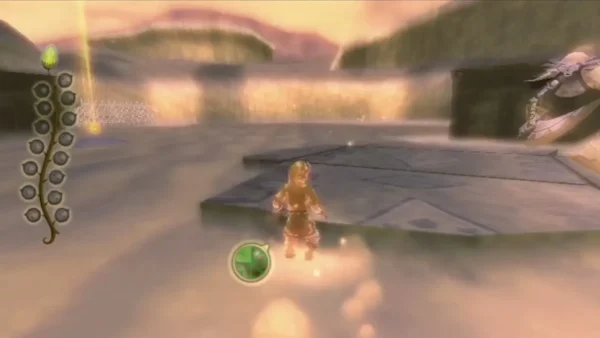 Link steps onto a glyph in the snowy Silent Realm, a cyan light column rising ahead of him. Link steps onto a glyph in the snowy Silent Realm, a cyan light column rising ahead of him.