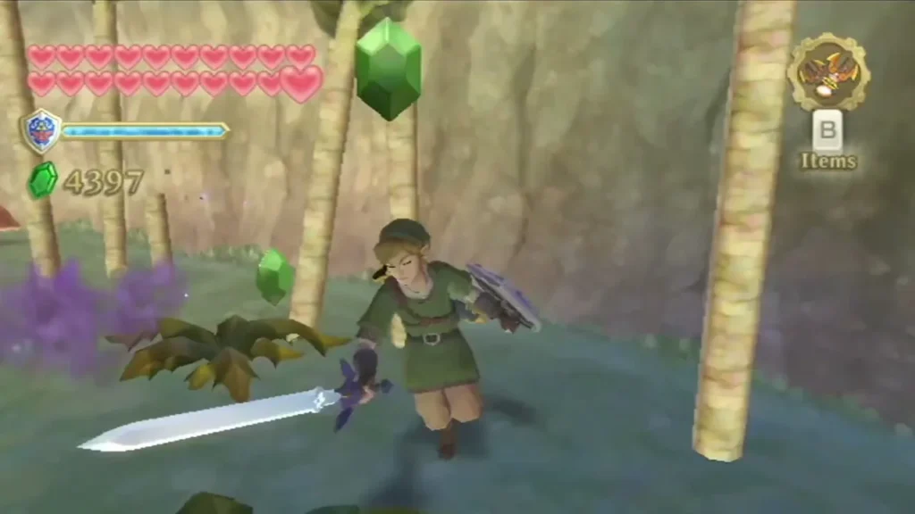 Link swings his sword at a leafy plant beside the pale birch trunks in the Sky Keep forest room