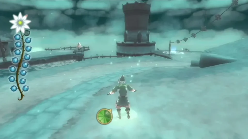 A blue glowing ring on the ground beside a stone tower in the Skyloft Silent Realm.