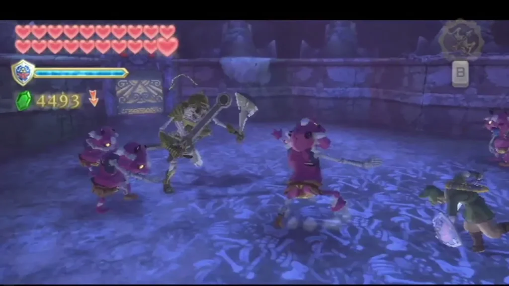 Pink Bokoblins close in on Link as a skeleton with a spear joins the brawl in the blue arena.
