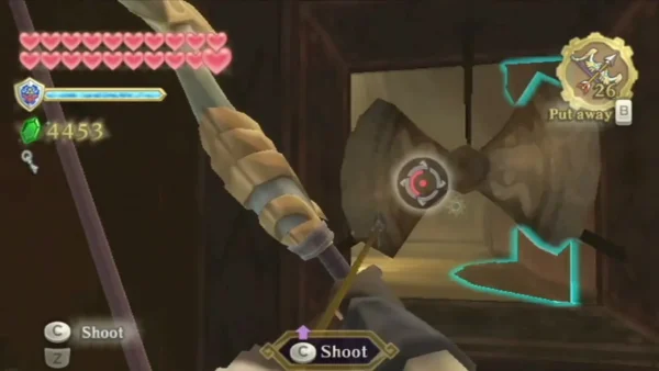 Link draws his bow and aims at an eye target on a spinning fan blade, seen through a window.