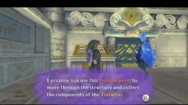 Link stands at the Sky Keep control panel while Fi explains it moves rooms through the structure to gather the Triforce.