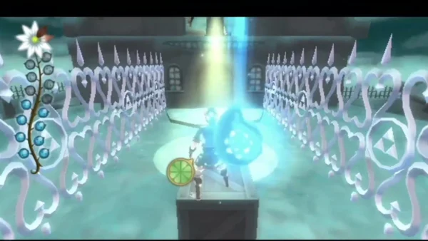 Link stands on a pushed crate in a fenced courtyard, facing a glowing blue Sacred Tear.