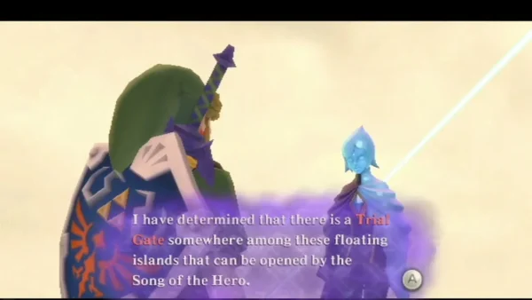 Fi, the blue spirit, tells Link that a Trial Gate can be opened by the Song of the Hero.