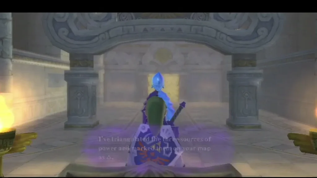 Fi, the sword spirit, says in Sky Keep's hall that she has triangulated three sources of power and marked them.