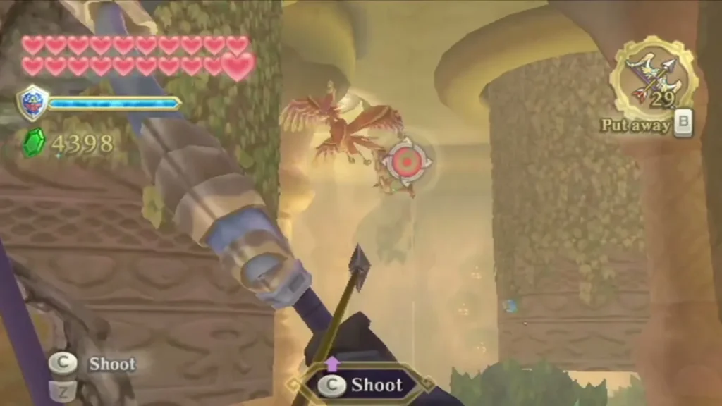 A red Furnix wheels above the carved stone walls as Link keeps his bow aimed at it