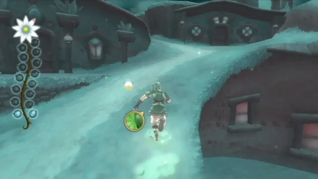A ghostly teal copy of a Skyloft village street, lined with stone houses, runs through the Silent Realm.