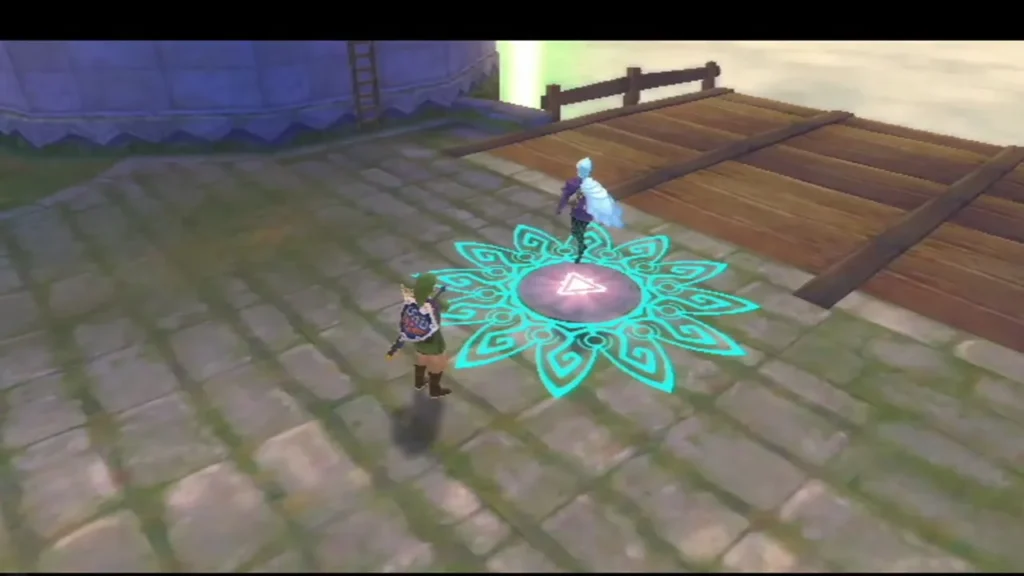 Top-down view of a glowing cyan mark on the Skyloft plaza stones, with a pale spirit on the bridge above.