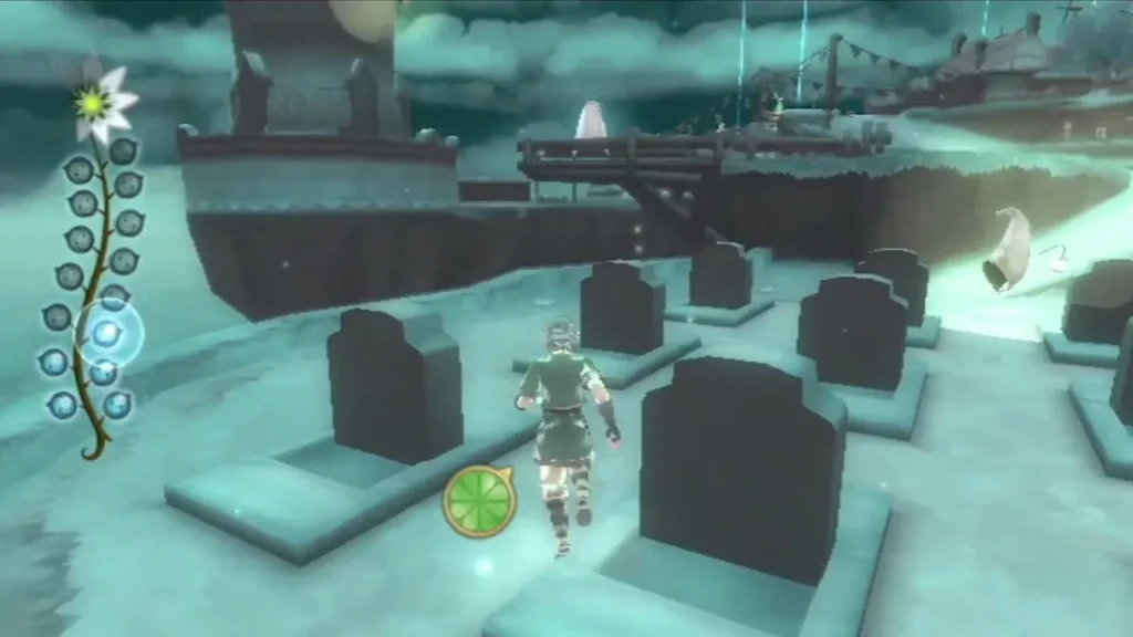 Link runs among tombstones in the graveyard, a dark wrecked ship behind him and a pale figure at right.