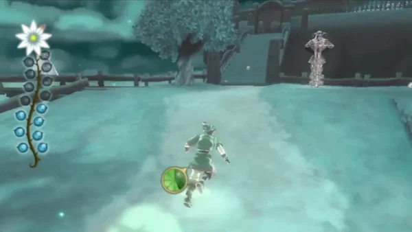 Link runs along a path toward a white stone Guardian statue beside a tree and a railed walkway.