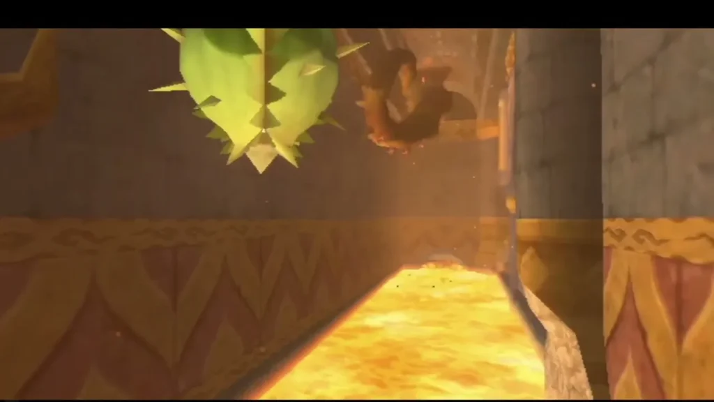 A spiky green plant hangs from the ceiling above a river of lava in a stone corridor.