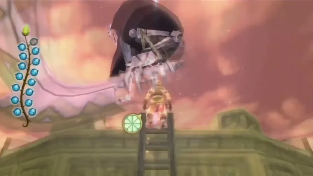 Link climbs a ladder toward a glowing figure at the top of a tower under a pink sky.