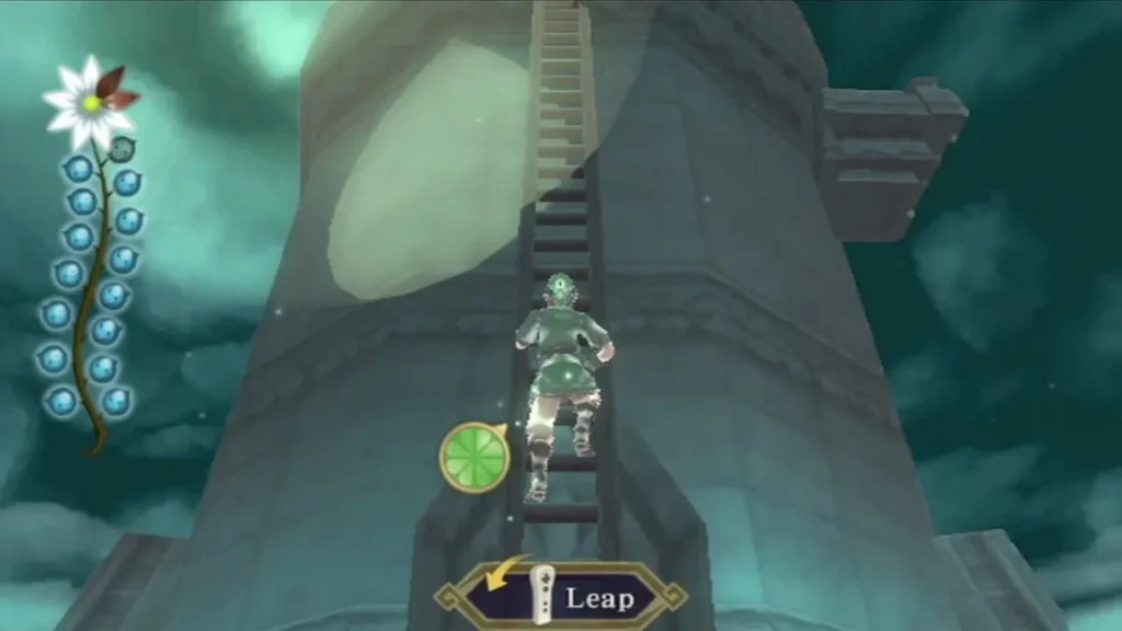Link climbs a ladder up a stone tower, with a Leap prompt on screen.