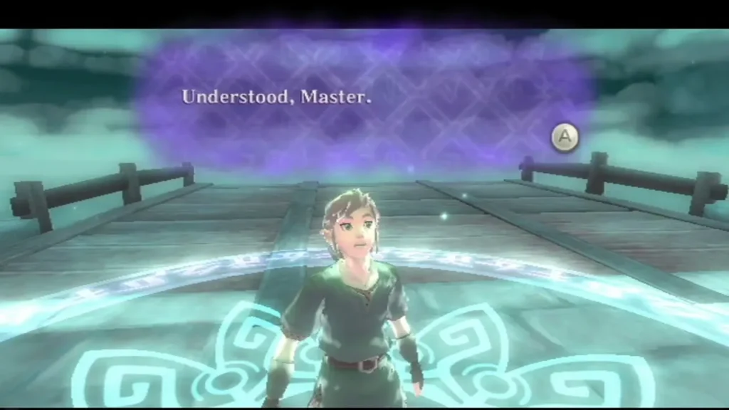Link stands inside the glowing protective circle on the bridge while a message box reads Understood, Master.