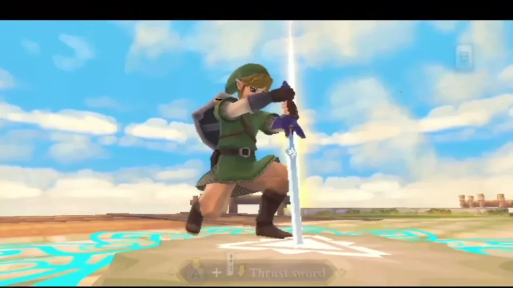 Link thrusts his sword point-down into the glowing mark, and a column of light rises into the sky.