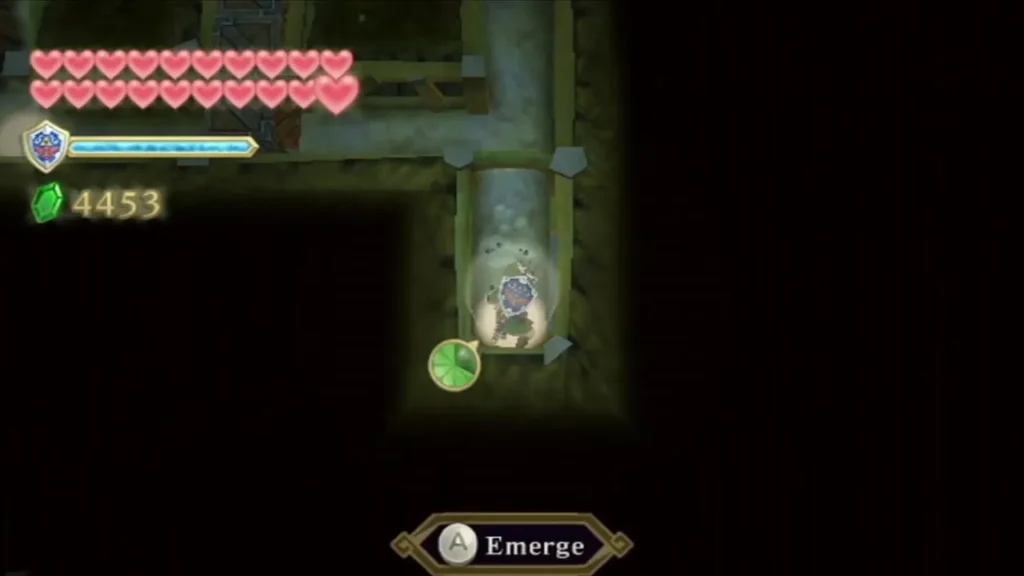 Link tunnels under the floor with the Mogma Mitts, with an Emerge prompt in the dark passage.