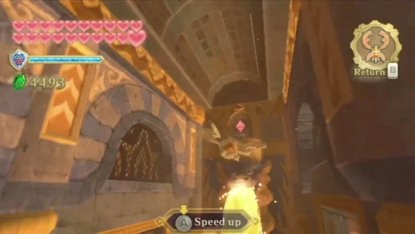 A pink diamond glows in a niche above a column of lava, with a Speed up prompt on screen.