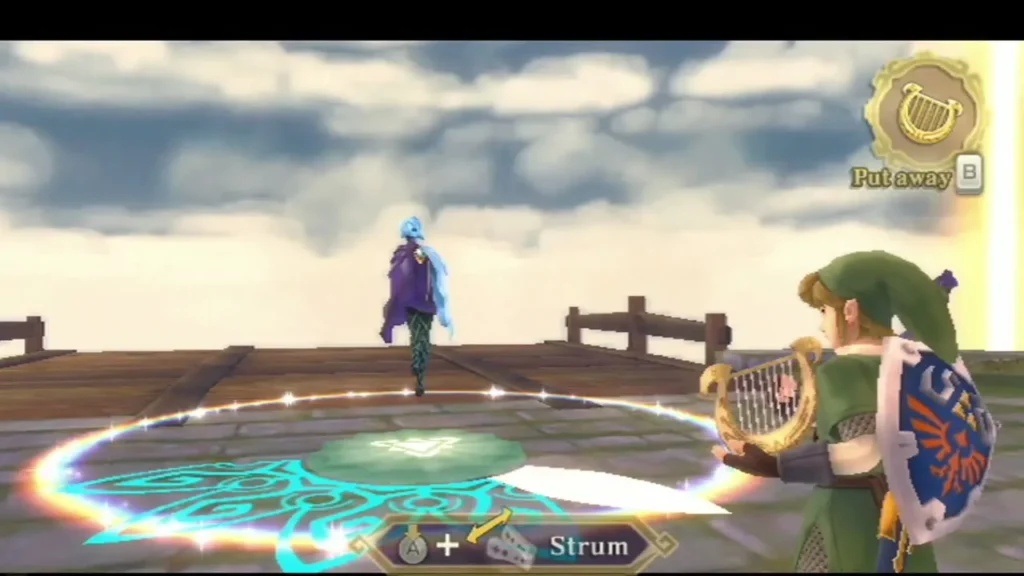 Link strums the harp over a glowing ring in the Skyloft plaza while a pale spirit stands on the bridge.
