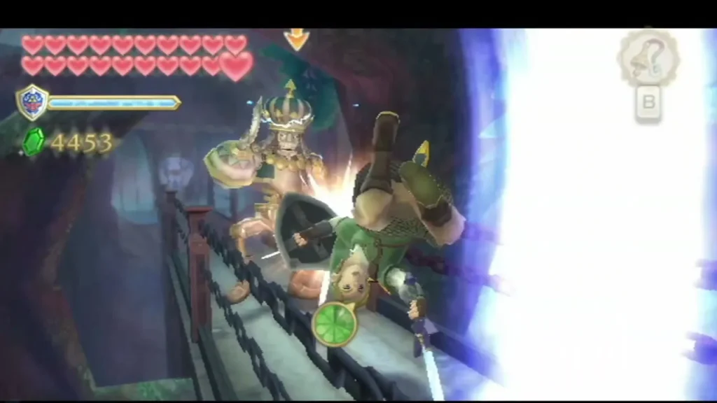 Link stands at the bridge edge beside the crowned robot guard as a bright blue-white burst fills the frame