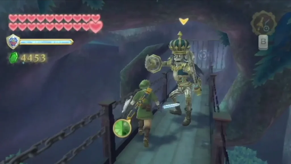 Link with sword drawn on a chain bridge as the crowned armored robot guard closes in from ahead