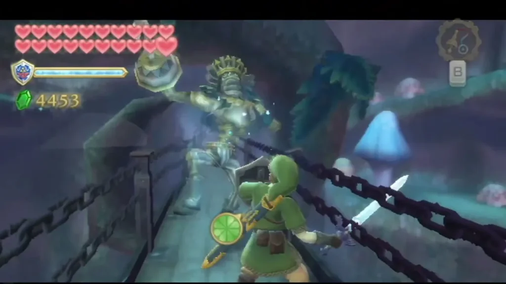 Link slashes at the crowned robot guard on the chain bridge as its shield swings toward him