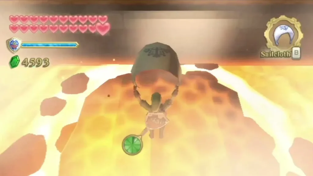 Link rides a rocky platform across a lava lake, lifted above the molten surface.
