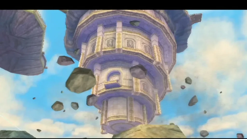 Chunks of rock break away from the island, exposing a tall carved stone tower.