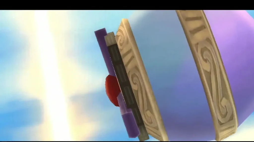 A round purple target hangs in the sky, its gold rim catching the light.