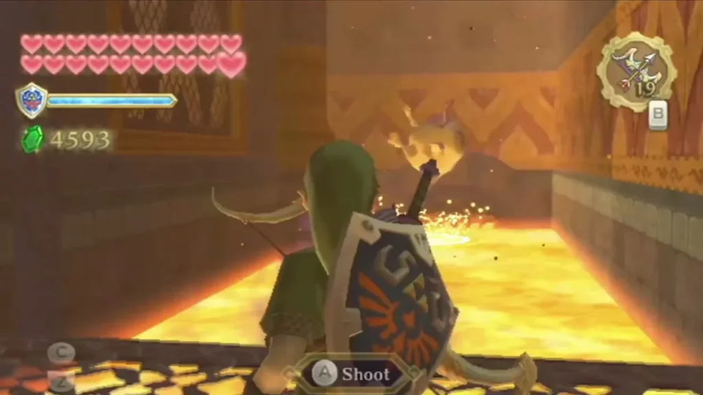 Link shoots his bow past his shield at a flaming creature rising from a lava pool.
