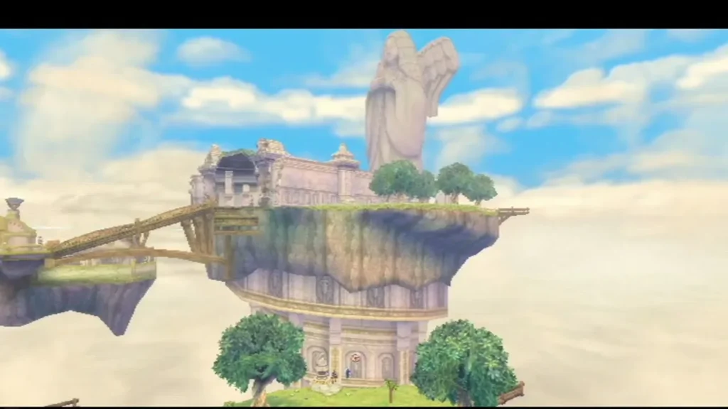 Sky Keep floats among the clouds with a stone bridge, trees and a tall winged statue behind the ruin