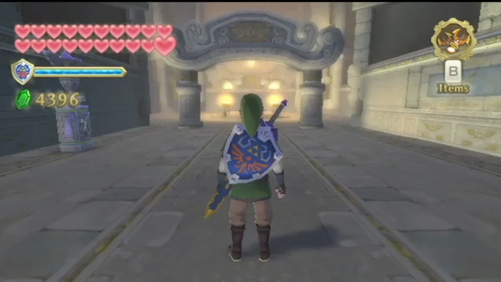 Link stands in the stone hall of Sky Keep, lanterns glowing beyond a carved archway.