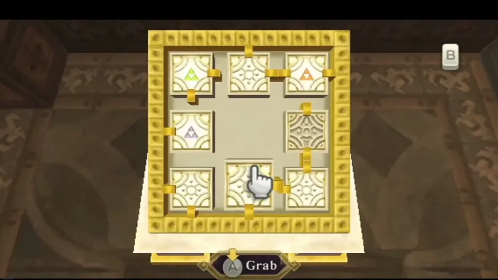 Sky Keep terminal: the gold 3x3 grid of room tiles at the start of the sliding puzzle, Grab prompt showing