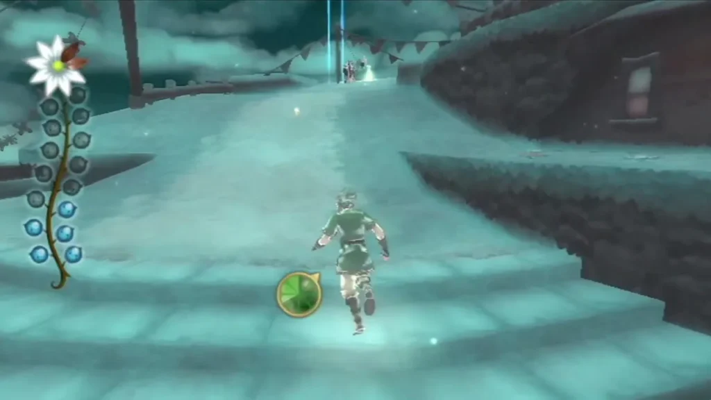 Link runs up a stone staircase past bunting toward a glowing blue light column in the Silent Realm.